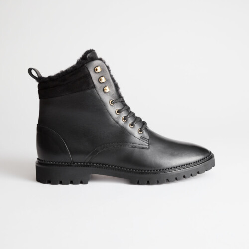 Leather Lace Up Snow Boots - Black